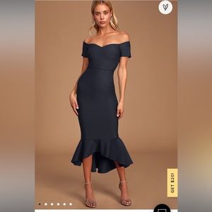 Midnight blue off the shoulder midi dress. Stretchy comfortable material